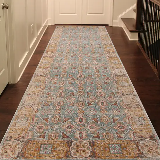 7' Teal Red And Orange Floral Runner Rug Photo 9