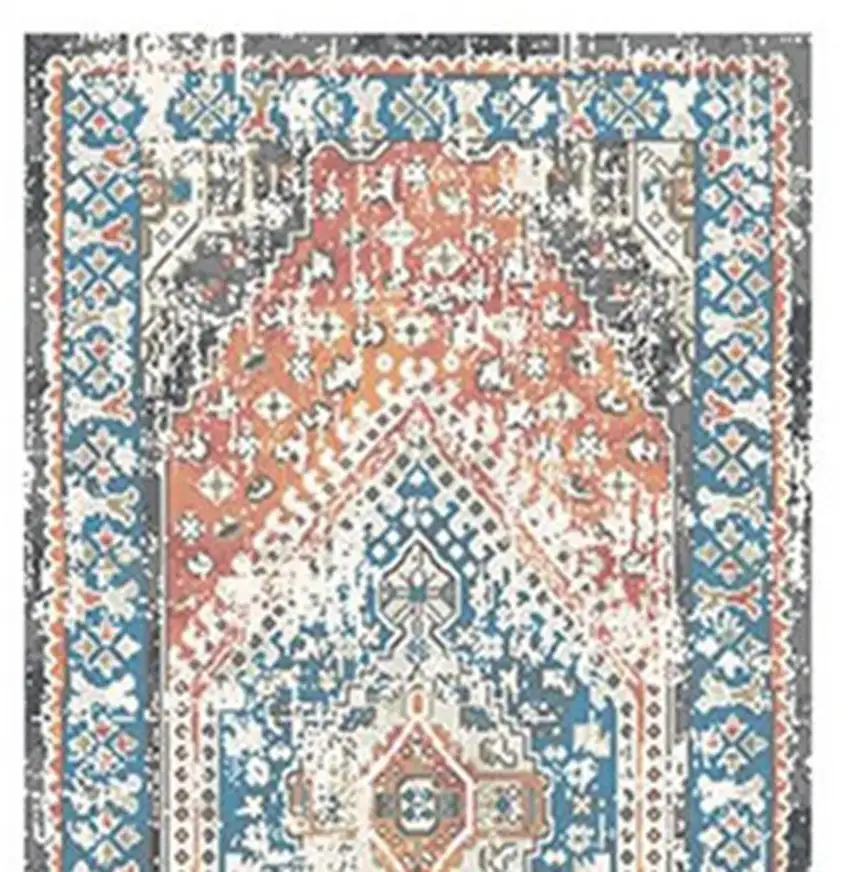 8' Teal Taupe and Rust Geometric Distressed Runner Rug With Fringe Photo 4