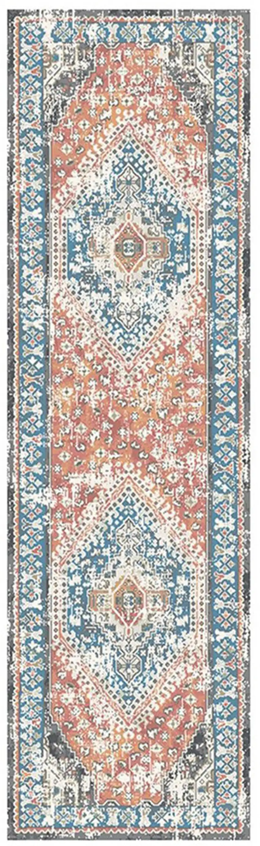 8' Teal Taupe and Rust Geometric Distressed Runner Rug With Fringe Photo 2