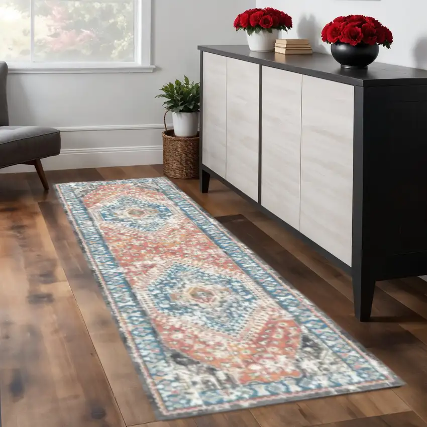 8' Teal Taupe and Rust Geometric Distressed Runner Rug With Fringe Photo 1