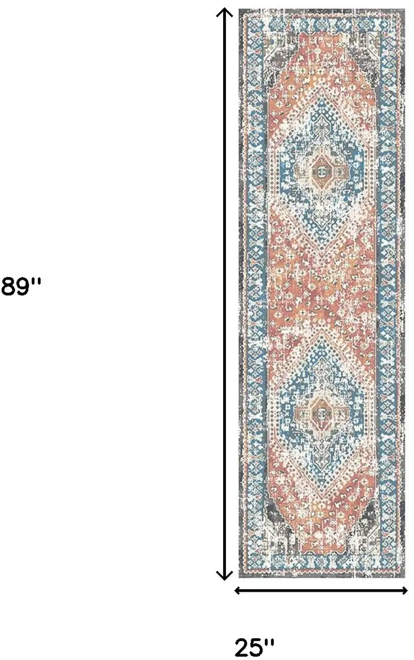 8' Teal Taupe and Rust Geometric Distressed Runner Rug With Fringe Photo 5