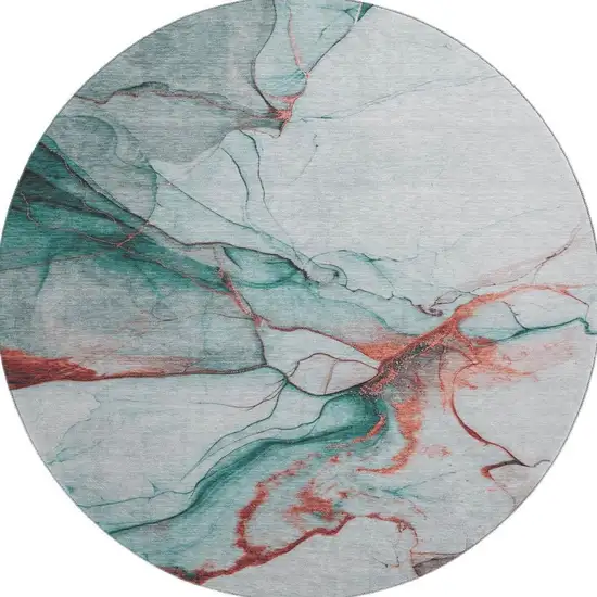 8' Teal Terra Cotta And Ivory Abstract Washable Round Rug With UV Protection Photo 3