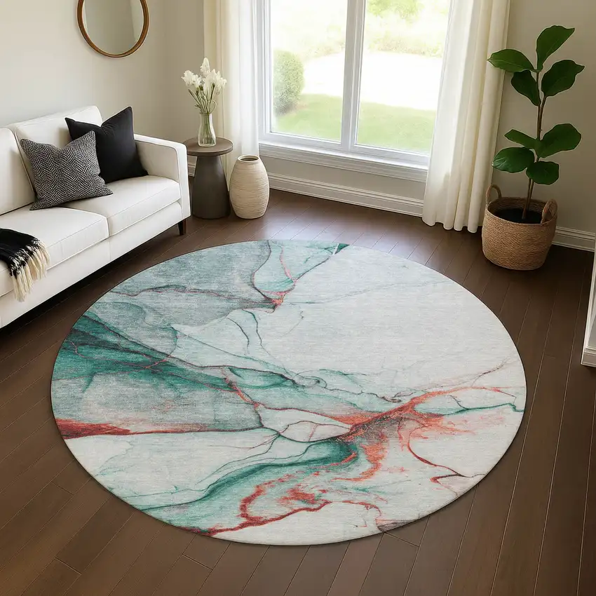 8' Teal Terra Cotta And Ivory Abstract Washable Round Rug With UV Protection Photo 4