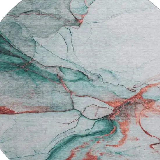 8' Teal Terra Cotta And Ivory Abstract Washable Round Rug With UV Protection Photo 2