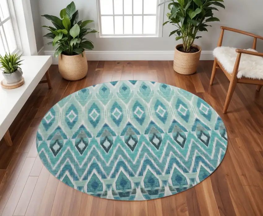 8' Teal White And Gray Southwestern Washable Round Rug With UV Protection Photo 2
