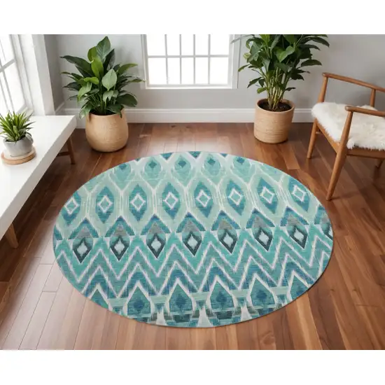 8' Teal White And Gray Southwestern Washable Round Rug With UV Protection Photo 2