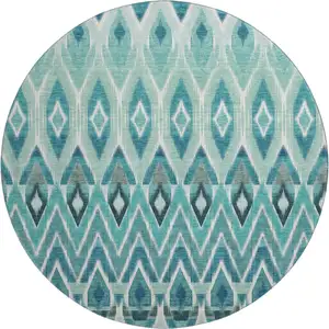Photo of 8' Teal White And Gray Southwestern Washable Round Rug With UV Protection