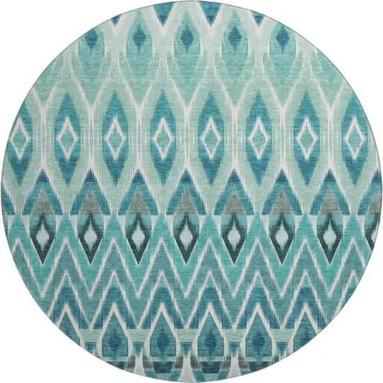 8' Teal White And Gray Southwestern Washable Round Rug With UV Protection Photo 1