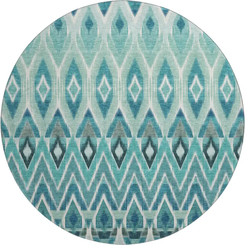 8' Teal White And Gray Southwestern Washable Round Rug With UV Protection Photo 1