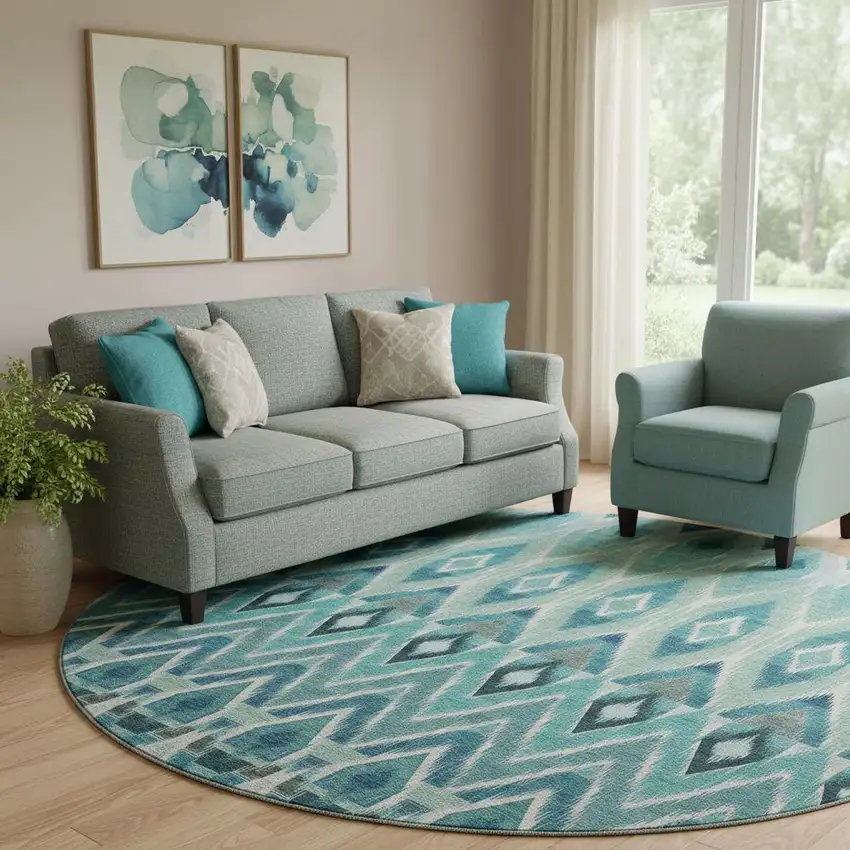 8' Teal White And Gray Southwestern Washable Round Rug With UV Protection Photo 1