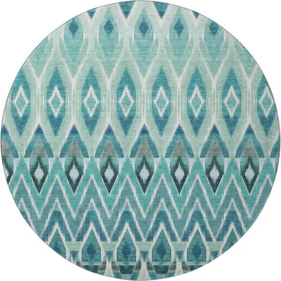 8' Teal White And Gray Southwestern Washable Round Rug With UV Protection Photo 3
