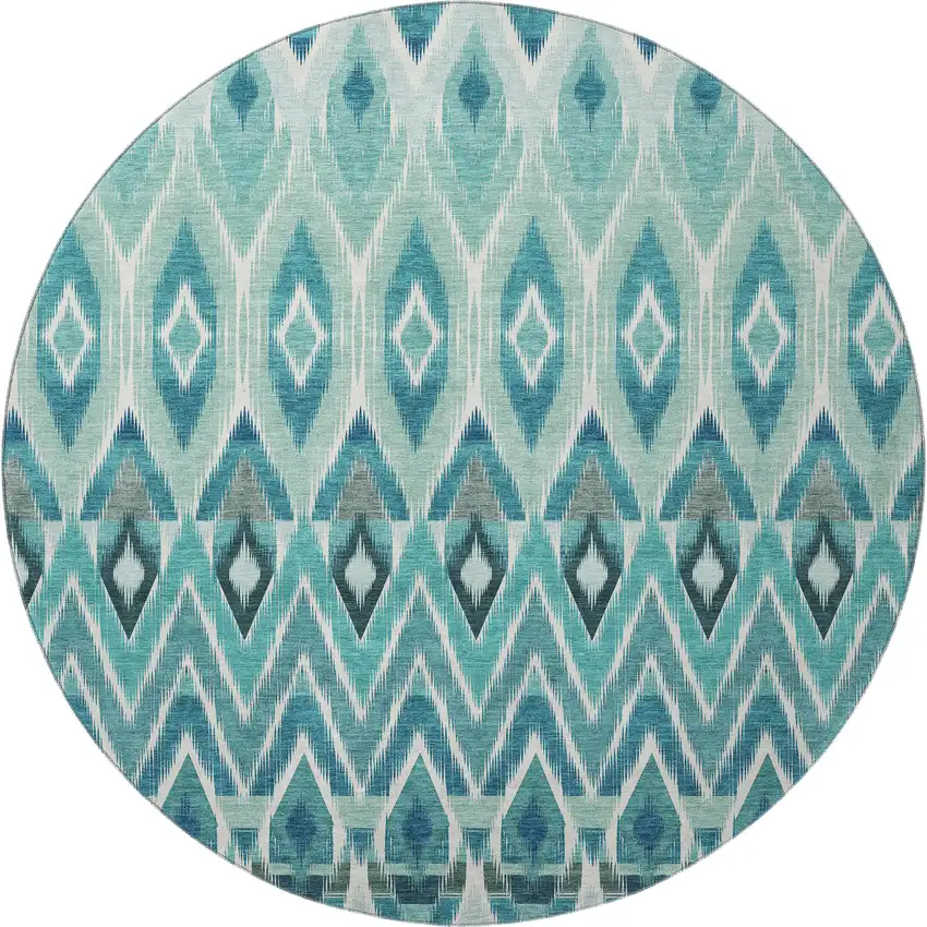 8' Teal White And Gray Southwestern Washable Round Rug With UV Protection Photo 3