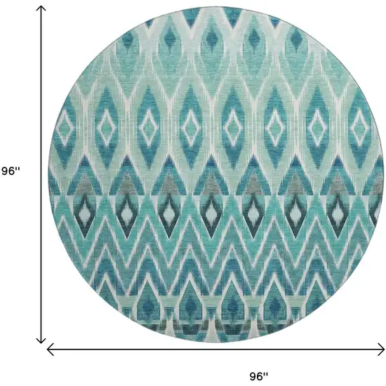 8' Teal White And Gray Southwestern Washable Round Rug With UV Protection Photo 9