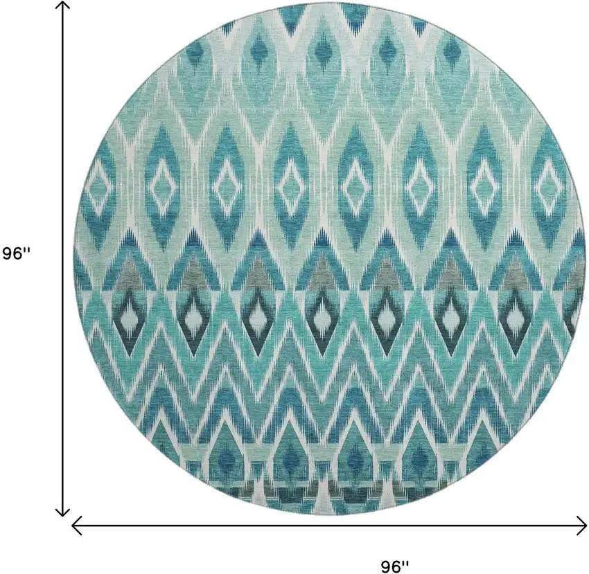8' Teal White And Gray Southwestern Washable Round Rug With UV Protection Photo 9
