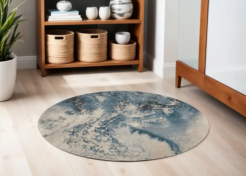 5' Teal and Ivory Abstract Non Skid Round Rug Photo 1