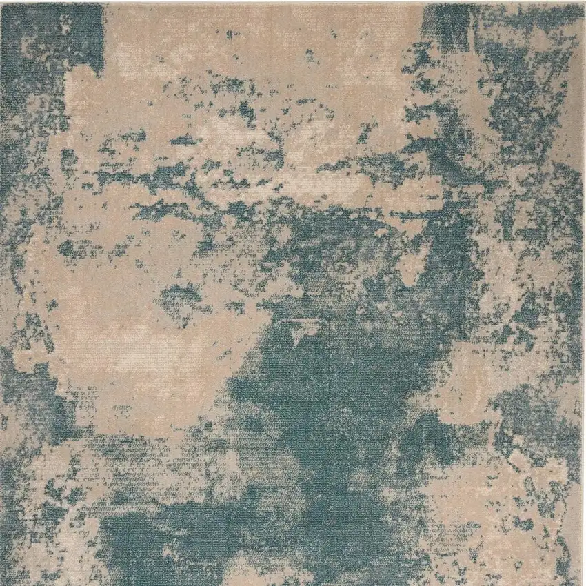 8' Teal and Ivory Abstract Non Skid Runner Rug Photo 5
