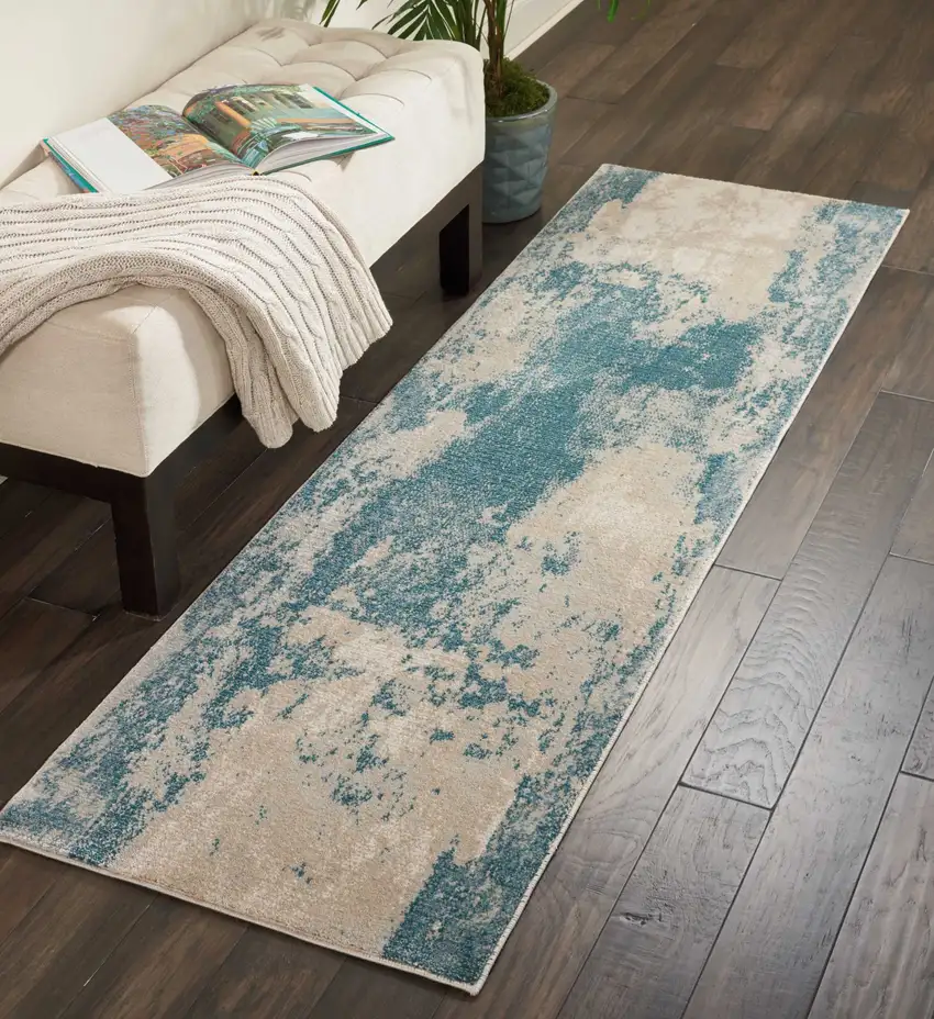 8' Teal and Ivory Abstract Non Skid Runner Rug Photo 6