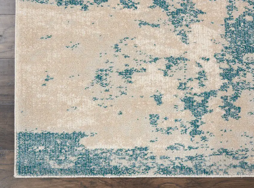 8' Teal and Ivory Abstract Non Skid Runner Rug Photo 7