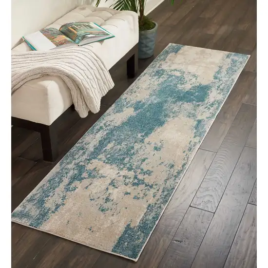 8' Teal and Ivory Abstract Non Skid Runner Rug Photo 4