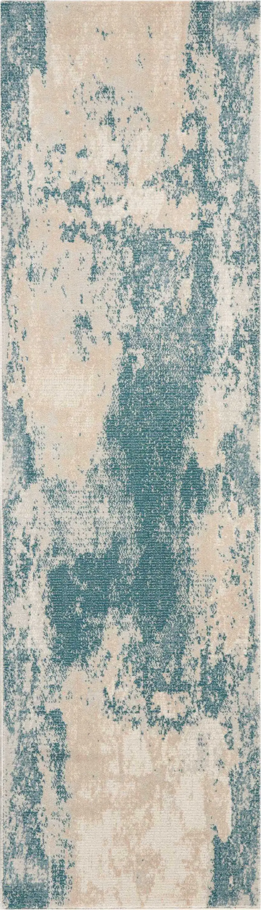 8' Teal and Ivory Abstract Non Skid Runner Rug Photo 7