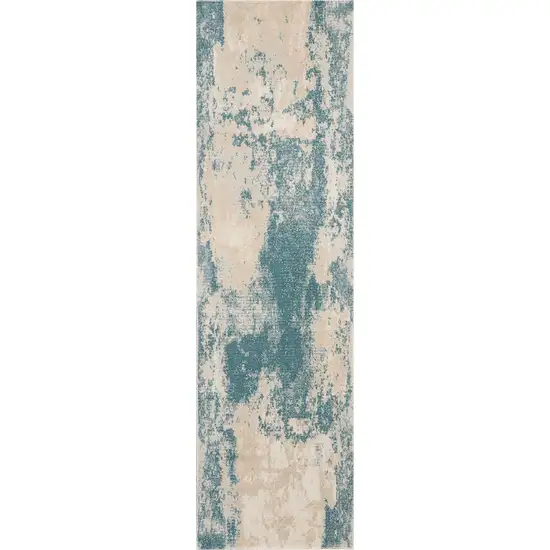 8' Teal and Ivory Abstract Non Skid Runner Rug Photo 7
