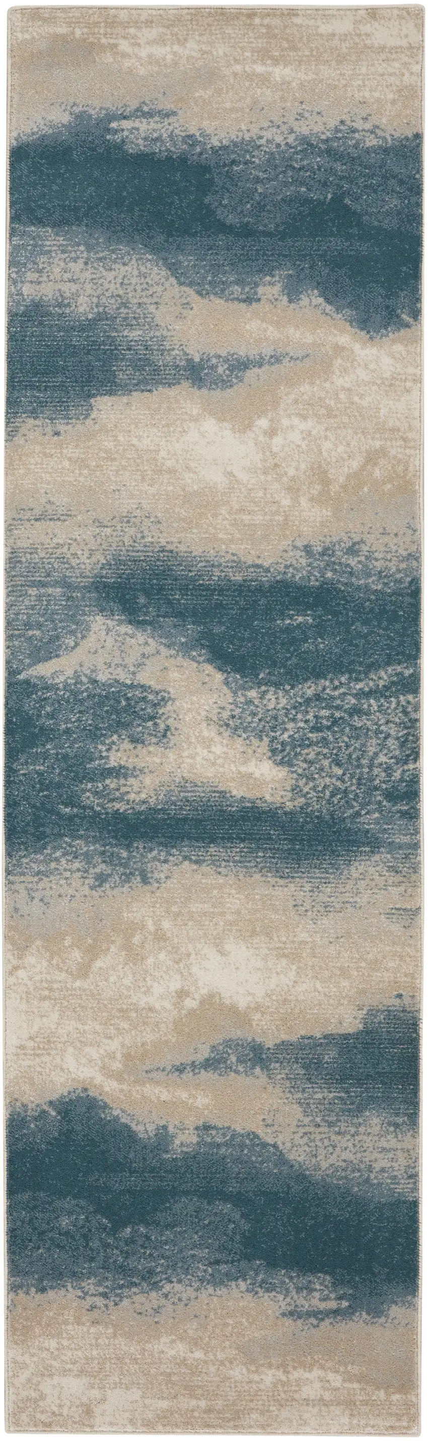 8' Teal and Ivory Abstract Non Skid Runner Rug Photo 2