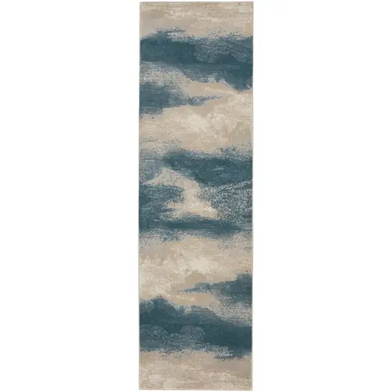 8' Teal Ivory And Gray Floral Medallion Runner Rug Photo 2