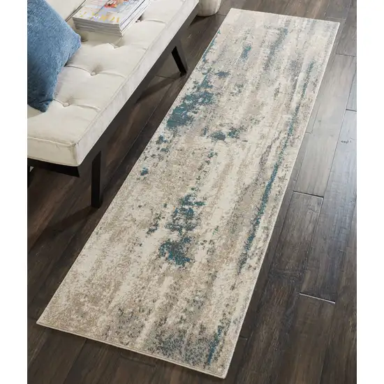 8' Teal and Ivory Abstract Non Skid Runner Rug Photo 4