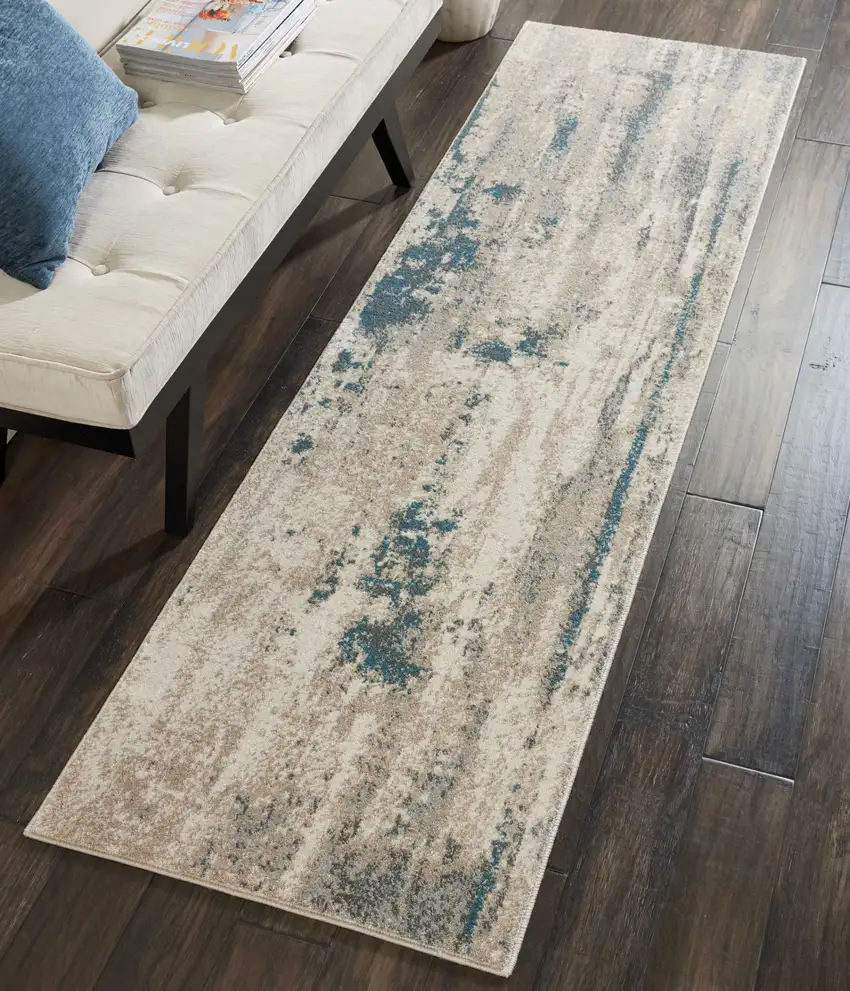 8' Teal and Ivory Abstract Non Skid Runner Rug Photo 4