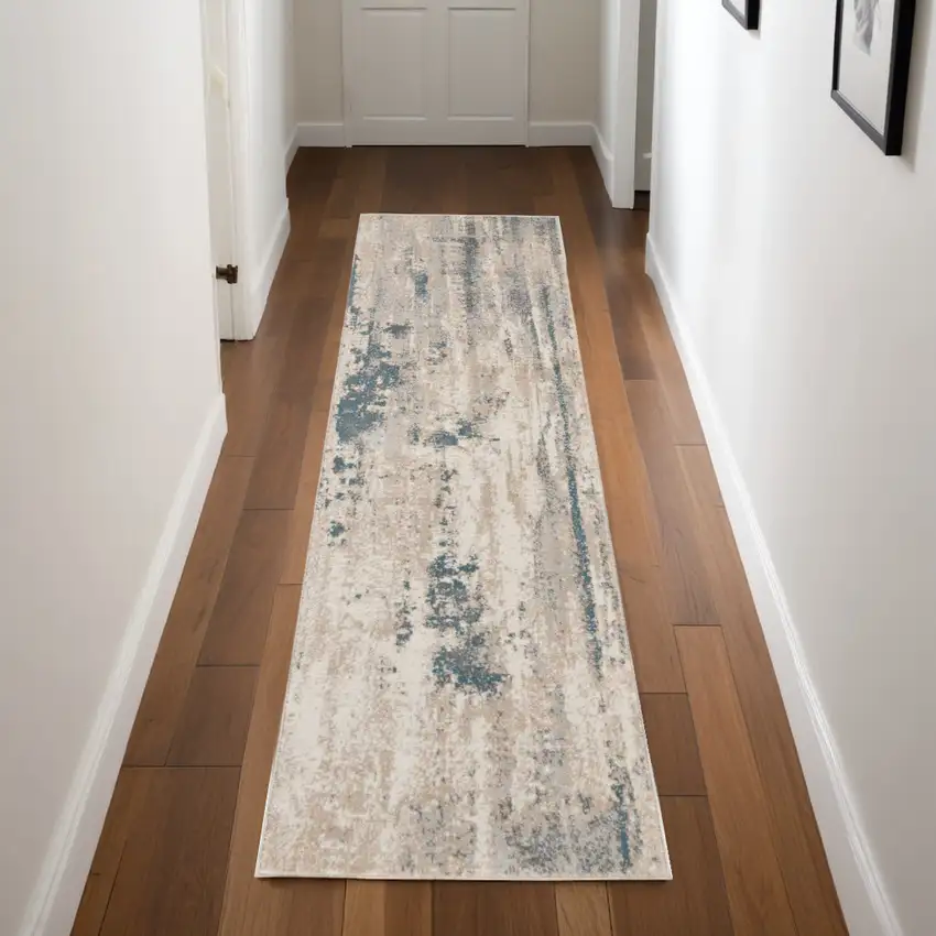 8' Teal and Ivory Abstract Non Skid Runner Rug Photo 1