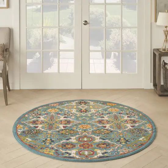 5' Teal and Ivory Round Floral Power Loom Area Rug Photo 6