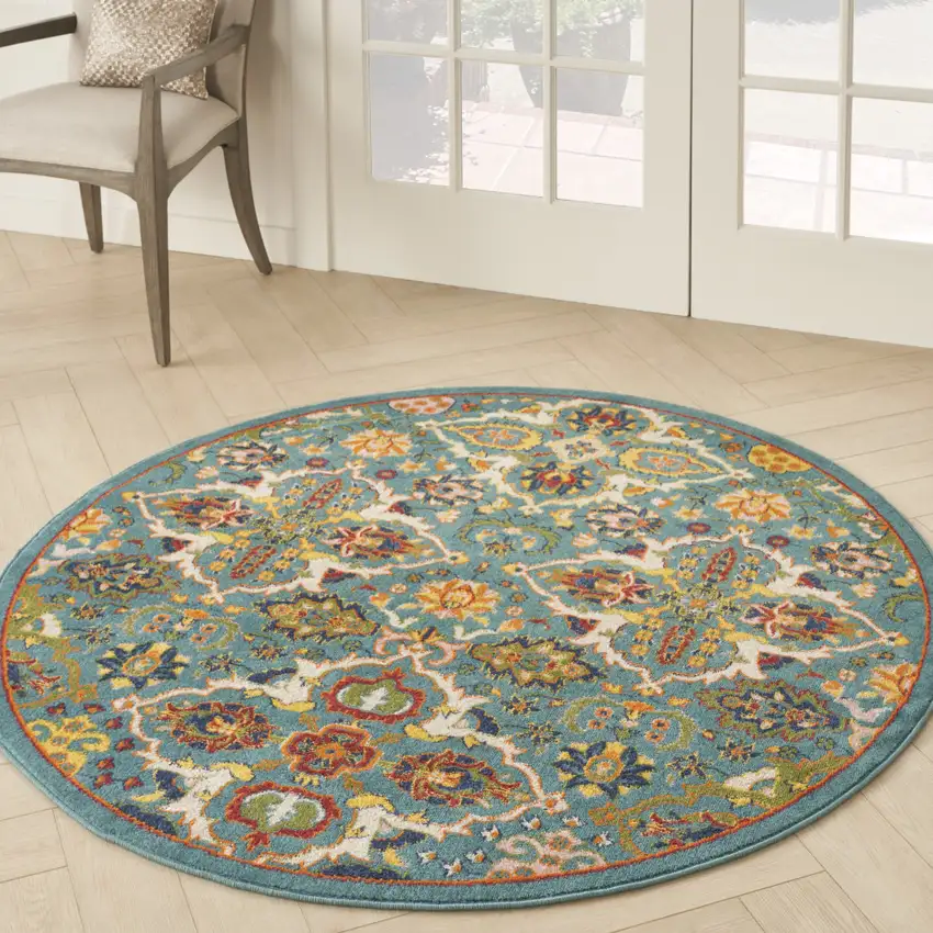 5' Teal and Ivory Round Floral Power Loom Area Rug Photo 5