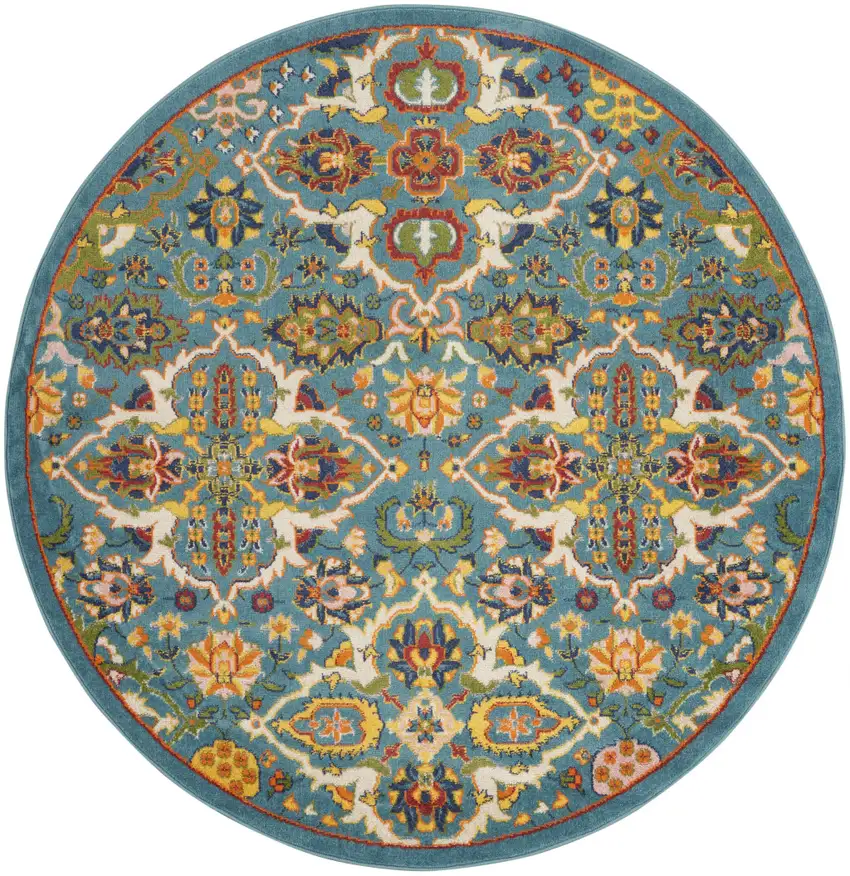 5' Teal and Ivory Round Floral Power Loom Area Rug Photo 2