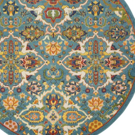 5' Teal and Ivory Round Floral Power Loom Area Rug Photo 7