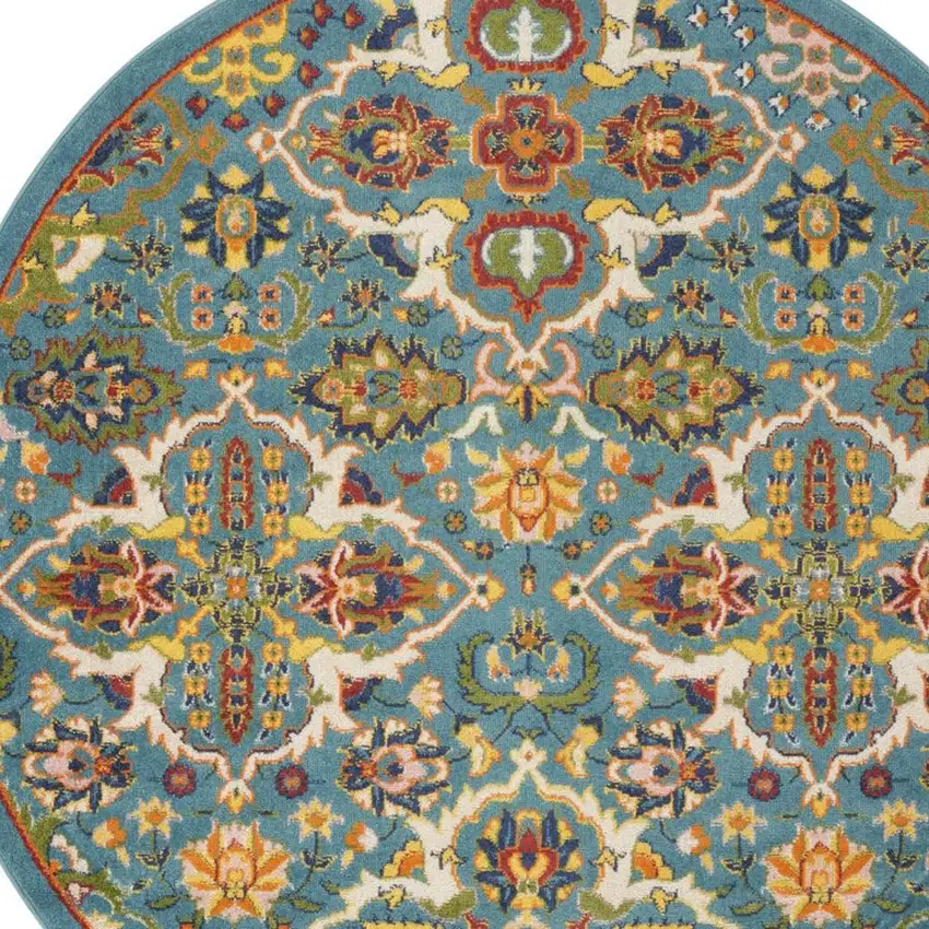 5' Teal and Ivory Round Floral Power Loom Area Rug Photo 3