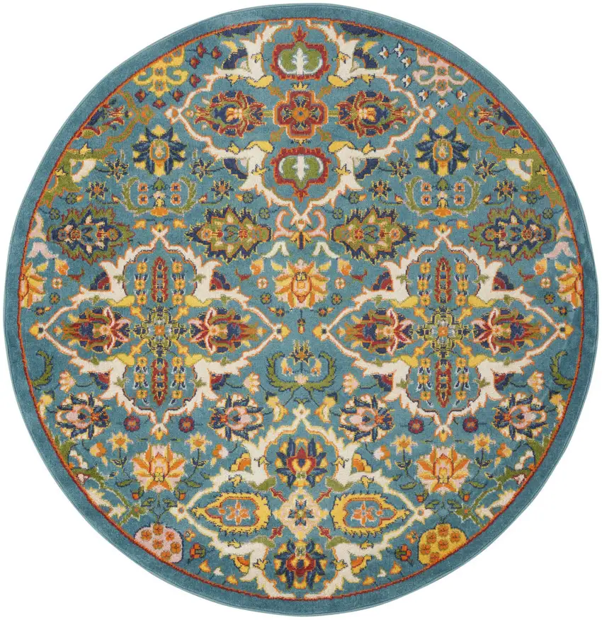 5' Teal and Ivory Round Floral Power Loom Area Rug Photo 9