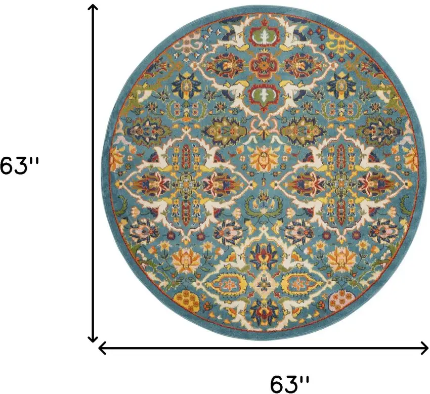 5' Teal and Ivory Round Floral Power Loom Area Rug Photo 3