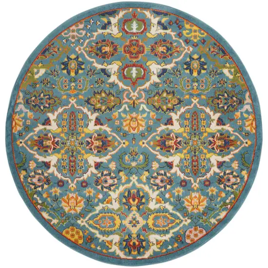 5' Teal and Ivory Round Floral Power Loom Area Rug Photo 4