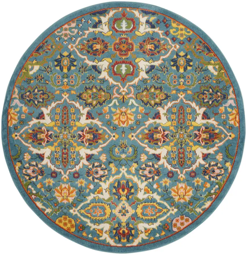5' Teal and Ivory Round Floral Power Loom Area Rug Photo 4