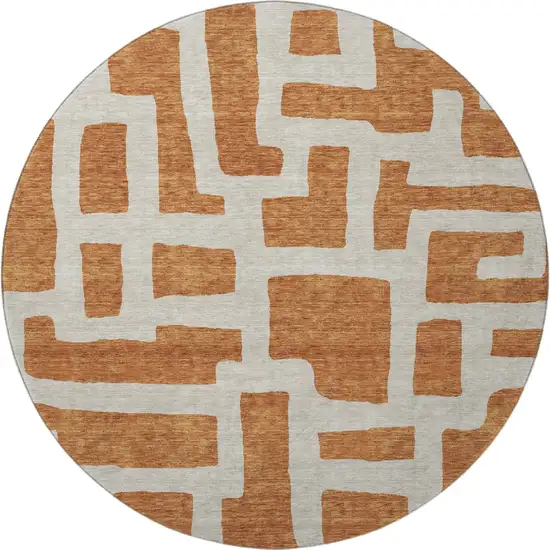8' Terra Cotta And Beige Abstract Geometric Washable Round Rug With UV Protection Photo 4