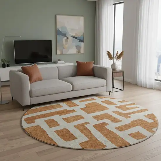 8' Terra Cotta And Beige Abstract Geometric Washable Round Rug With UV Protection Photo 2