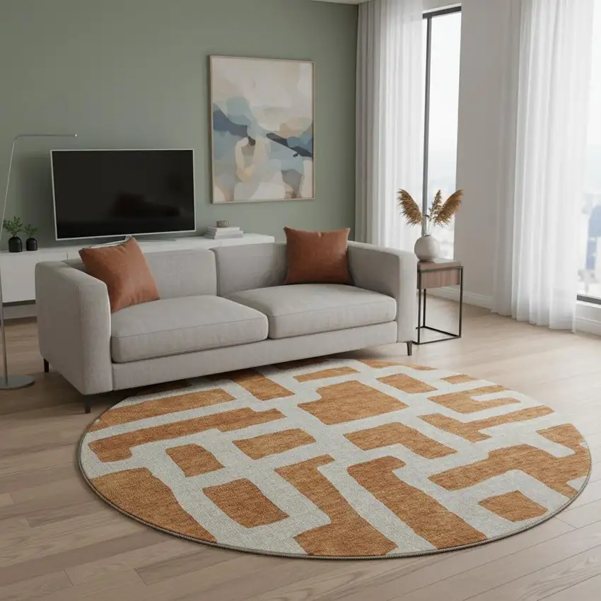 8' Terra Cotta And Beige Abstract Geometric Washable Round Rug With UV Protection Photo 2