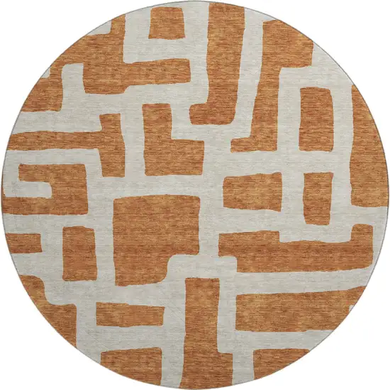 8' Terra Cotta And Beige Abstract Geometric Washable Round Rug With UV Protection Photo 1