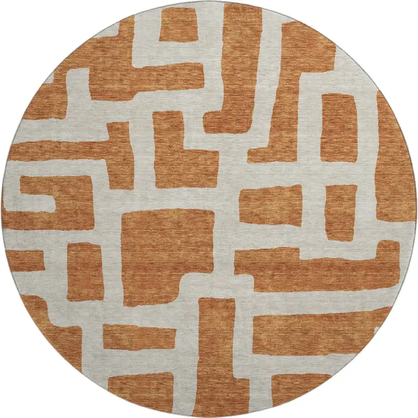 8' Terra Cotta And Beige Abstract Geometric Washable Round Rug With UV Protection Photo 1