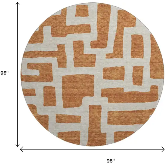 8' Terra Cotta And Beige Abstract Geometric Washable Round Rug With UV Protection Photo 3