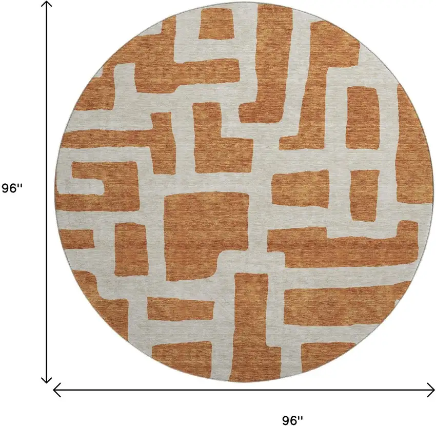 8' Terra Cotta And Beige Abstract Geometric Washable Round Rug With UV Protection Photo 3
