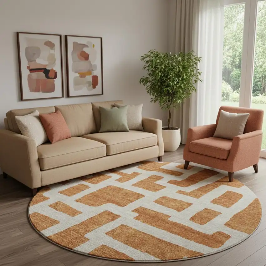 8' Terra Cotta And Beige Abstract Geometric Washable Round Rug With UV Protection Photo 1