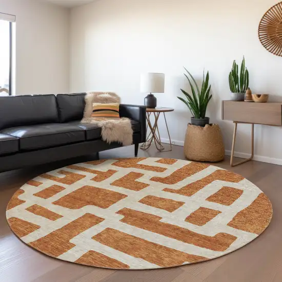 8' Terra Cotta And Beige Abstract Geometric Washable Round Rug With UV Protection Photo 5