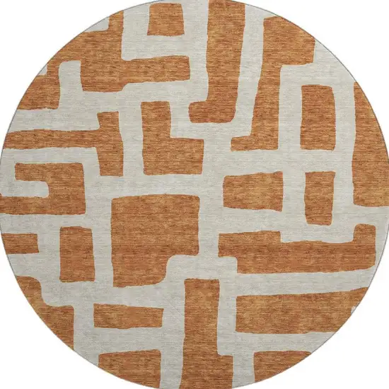 8' Terra Cotta And Beige Abstract Geometric Washable Round Rug With UV Protection Photo 3