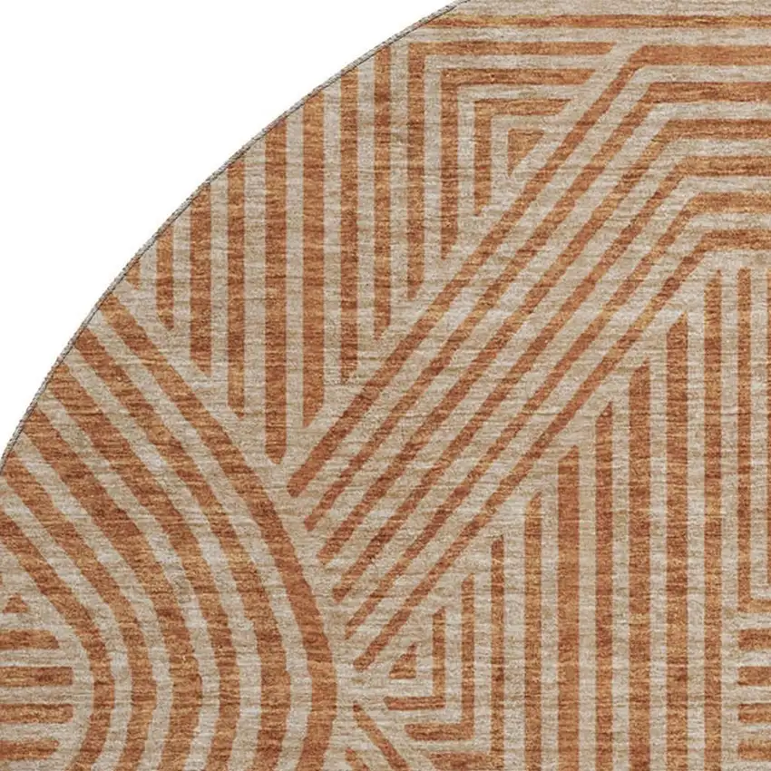 8' Terra Cotta And Beige Abstract Geometric Washable Round Rug With UV Protection Photo 2